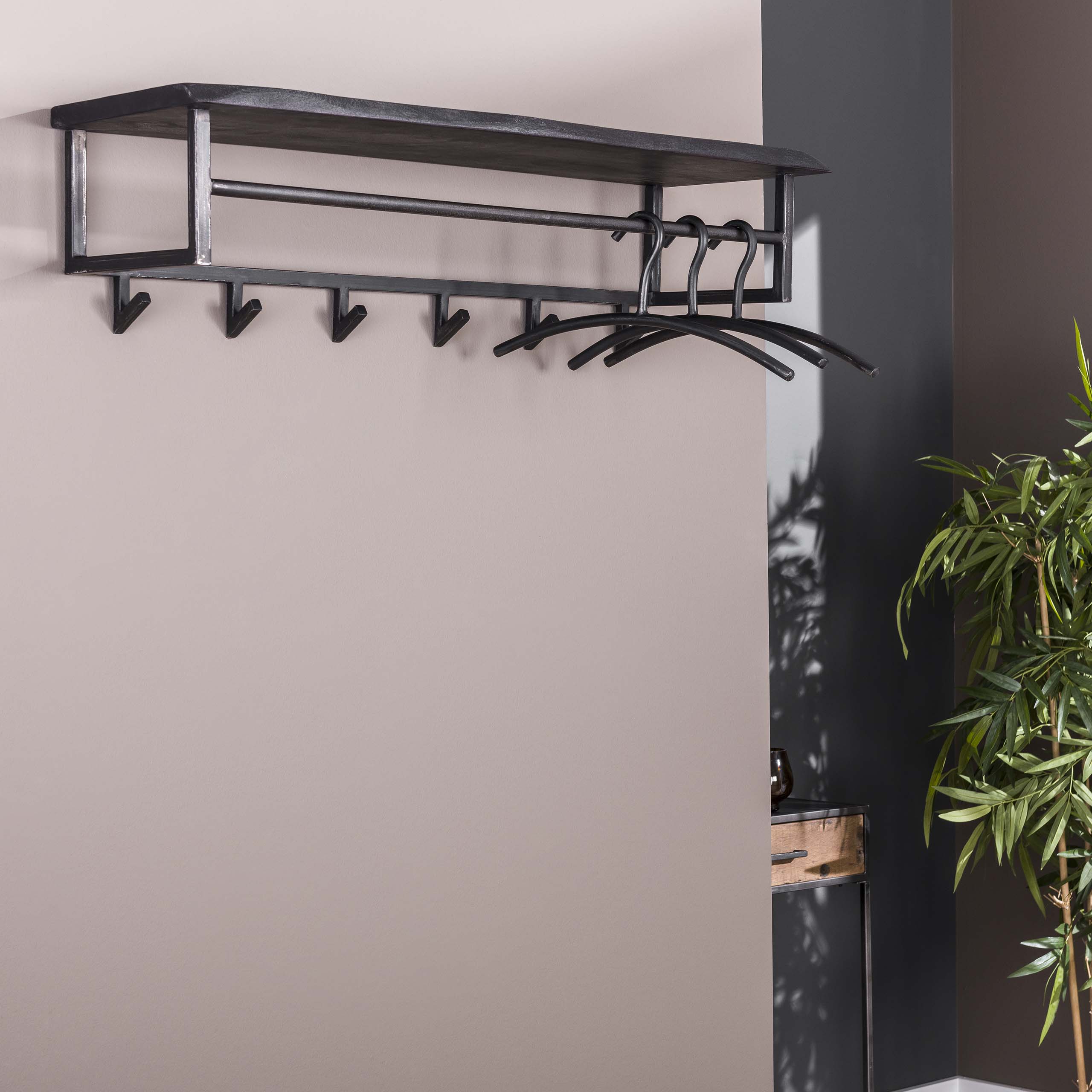 Coat rack yucon 6 hooks hat shelf / Solid acacia black