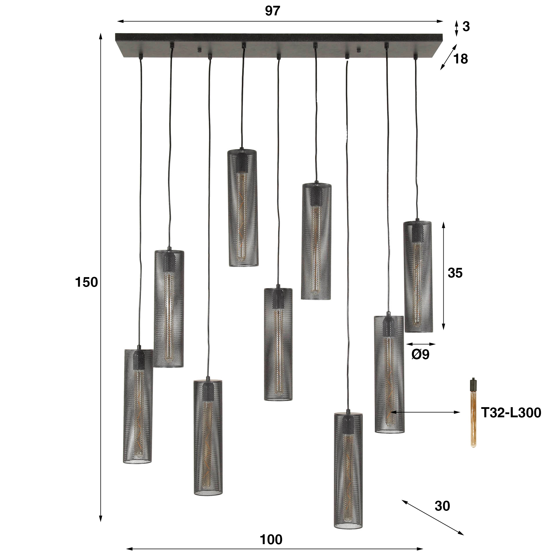 Lampada a sospensione maglia 5+4 tubi / Artic nero