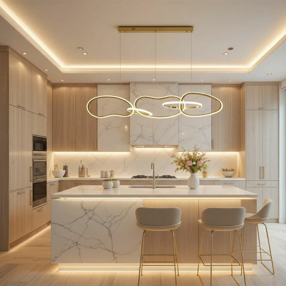 Lampada a sospensione Aurora – Design 5 anelli Oro 120 cm