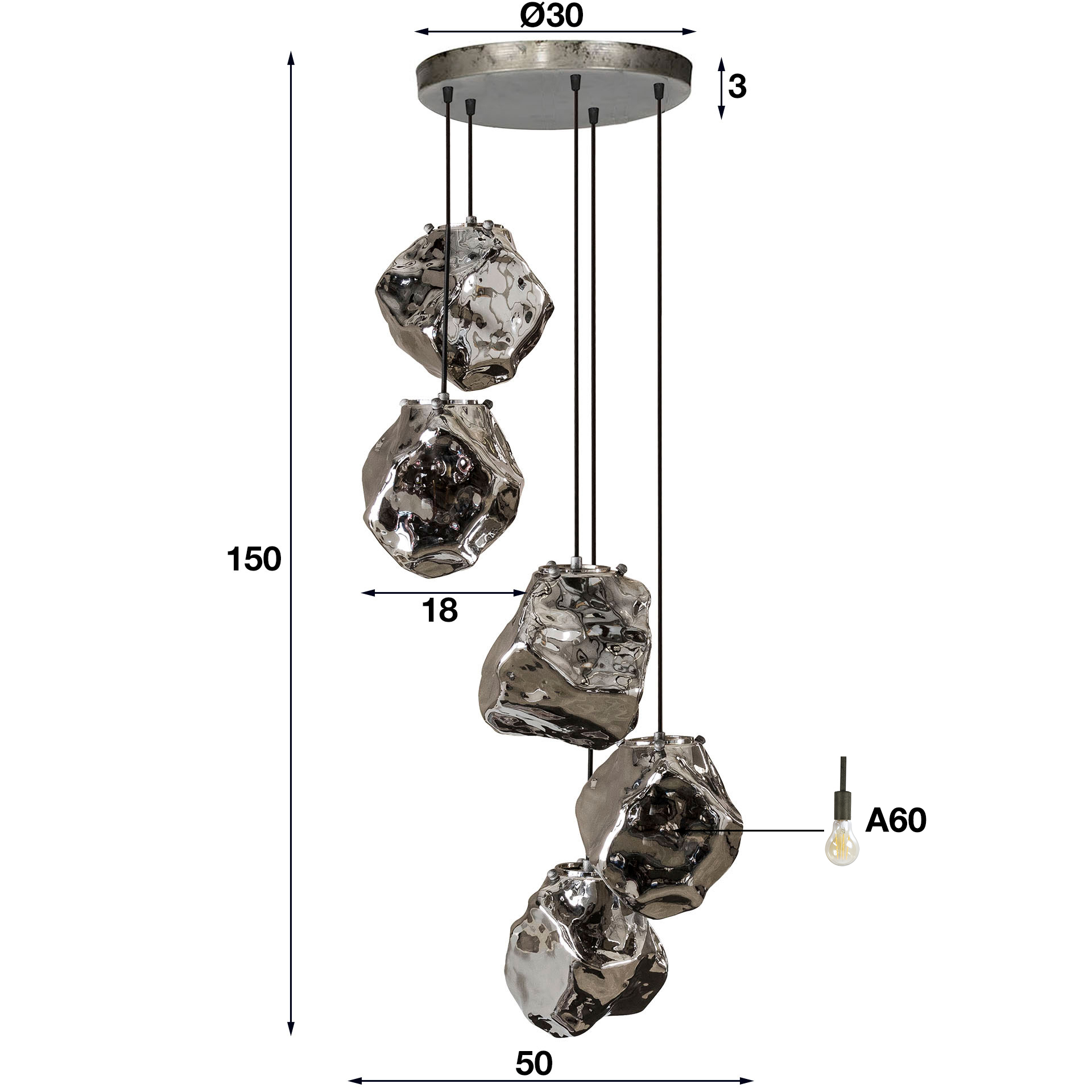 Hanging lamp 5L rock stepped / Chromed glass