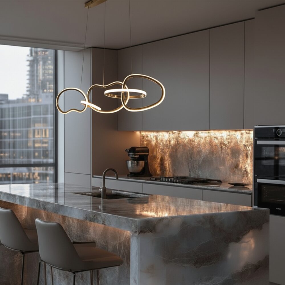 Lampada a sospensione Aurora – Design 5 anelli Oro 120 cm