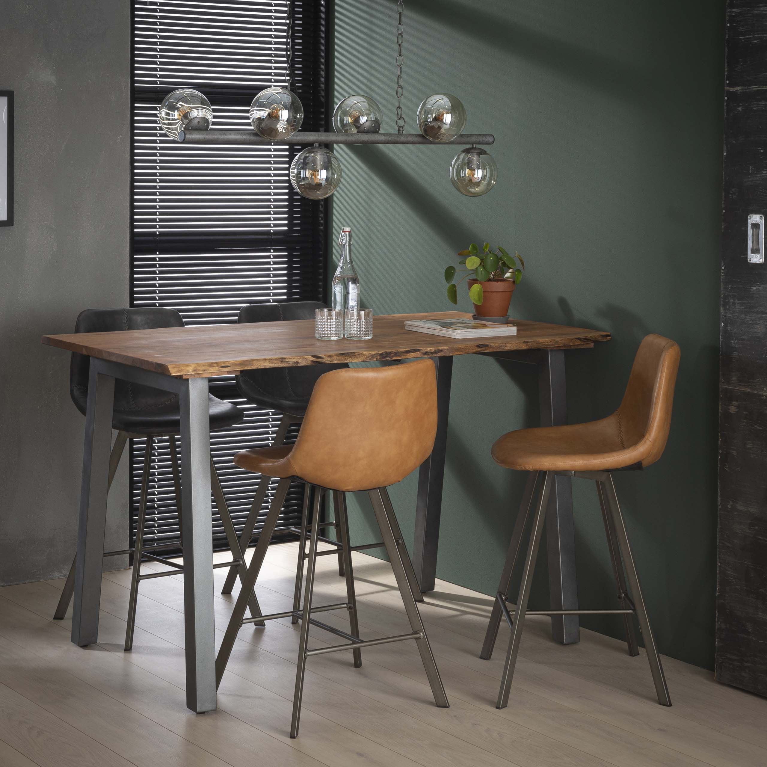 Sedia da bar a zig-zag telaio piatto PU 4 / Sella PU pelle bovina marrone