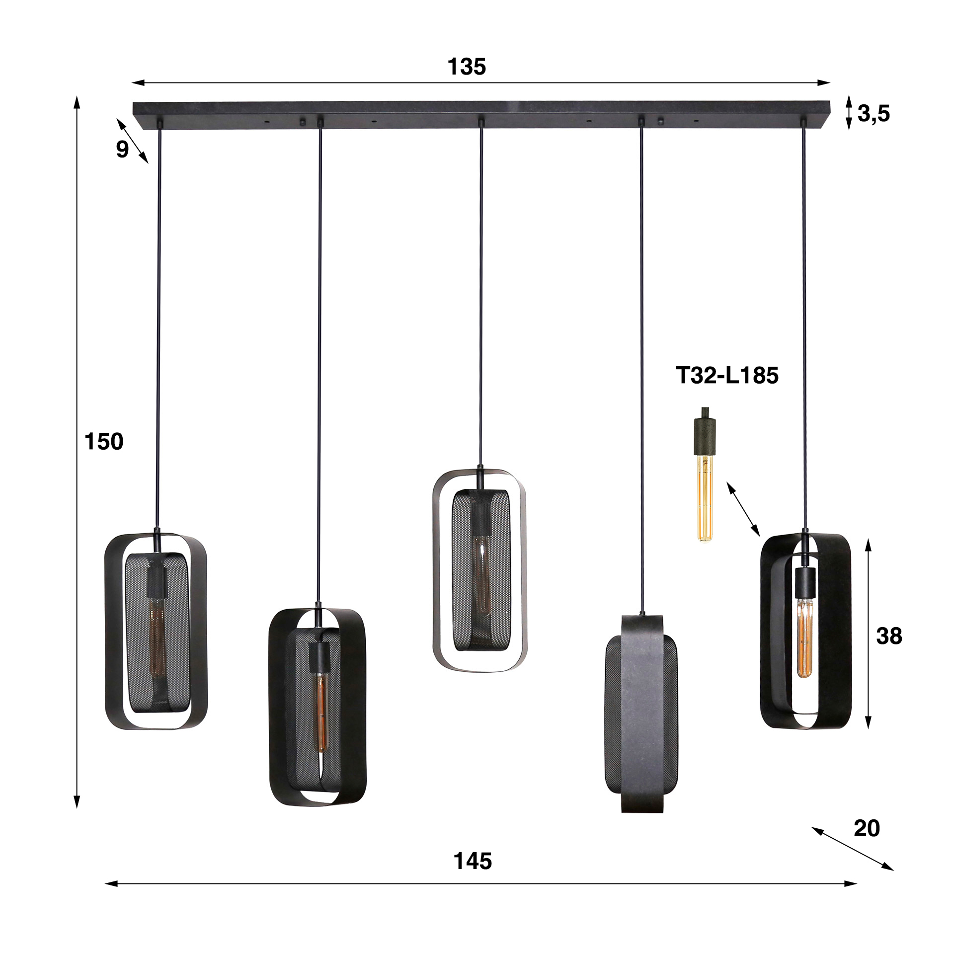 Lampada a sospensione rete 5L ruotata / Artic nero
