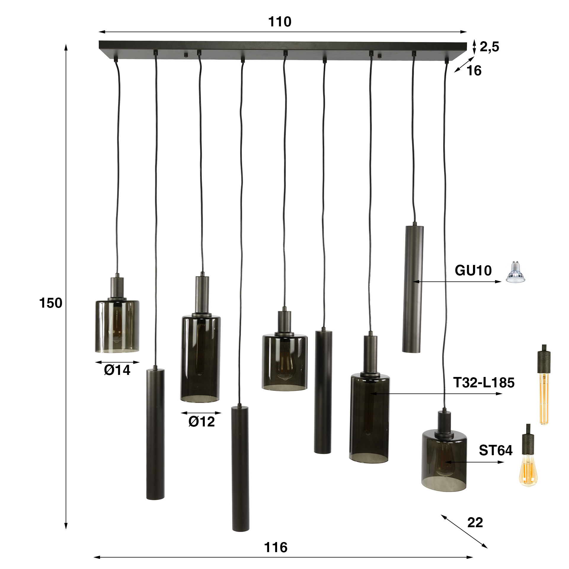 Hanging lamp Sepiora 5+4 lights - Sienna brown