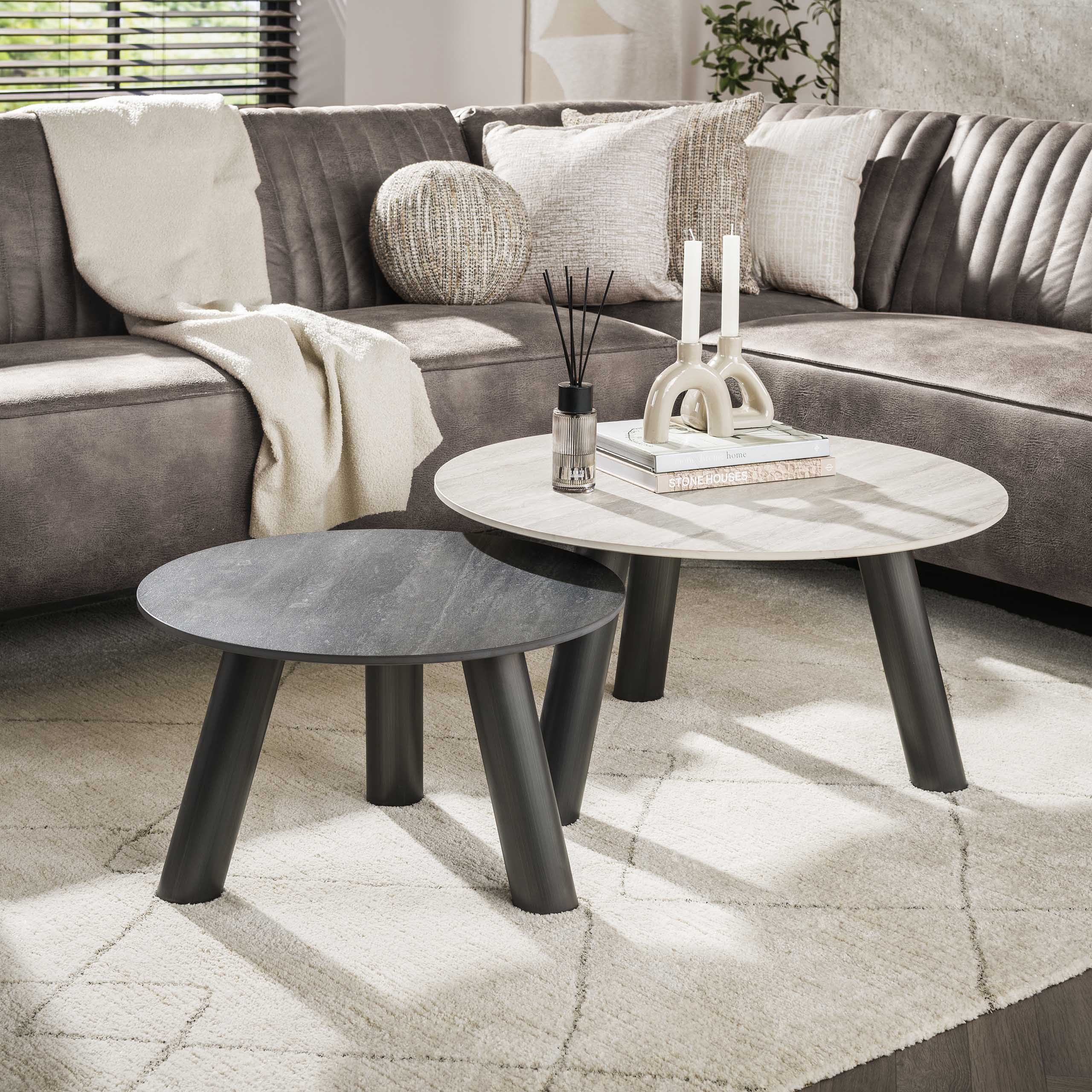 Coffee table Twin round - Set of 2 - Travertine black/grey