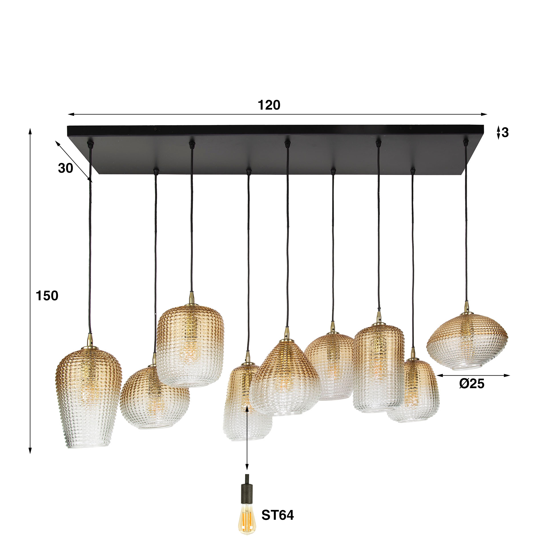 Lampada a sospensione motivo 5+4 punti / Vetro ambrato