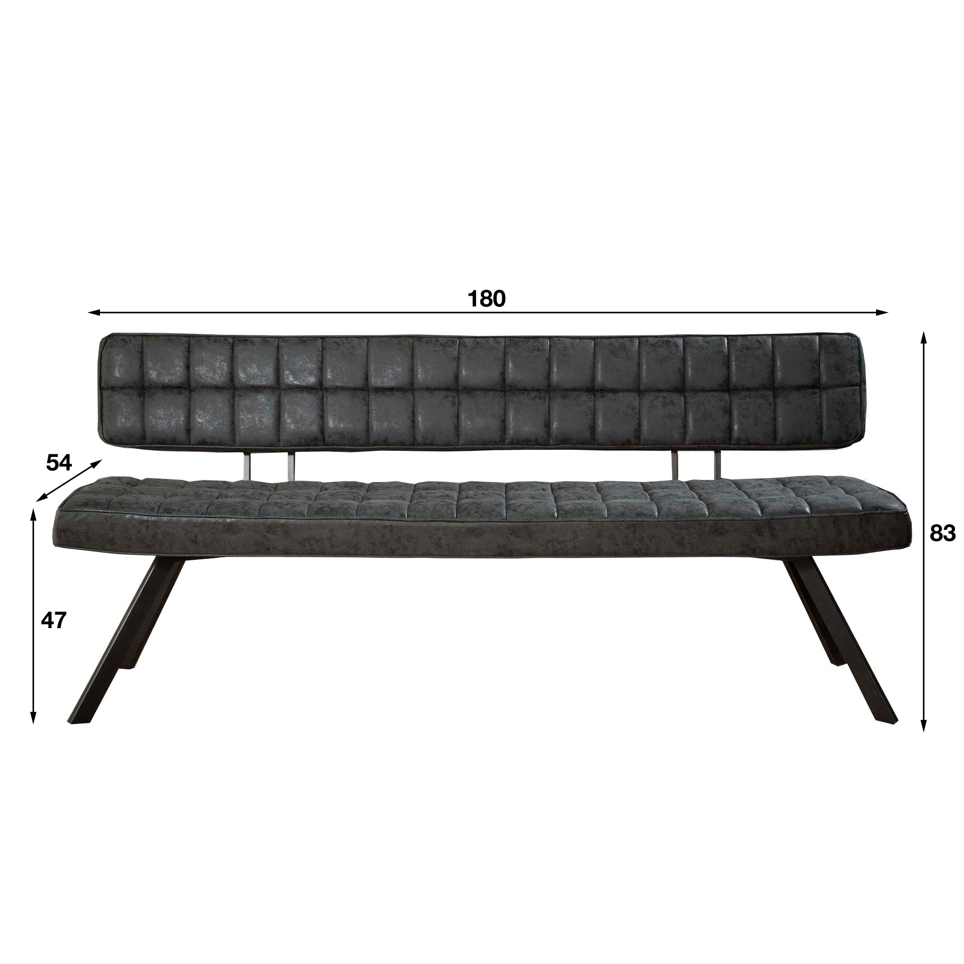 Dining room sofa 180 cm with cross stitching and an open back. / Wax PU black