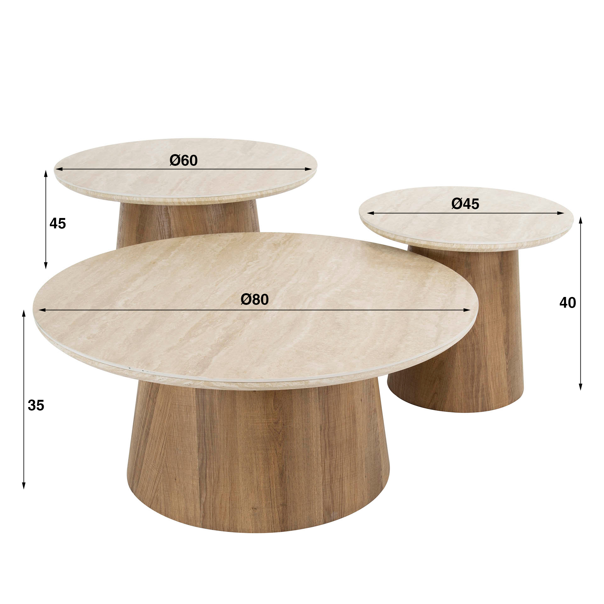 Tavolino Romano rotondo - Set di 3 - Ceramica travertino