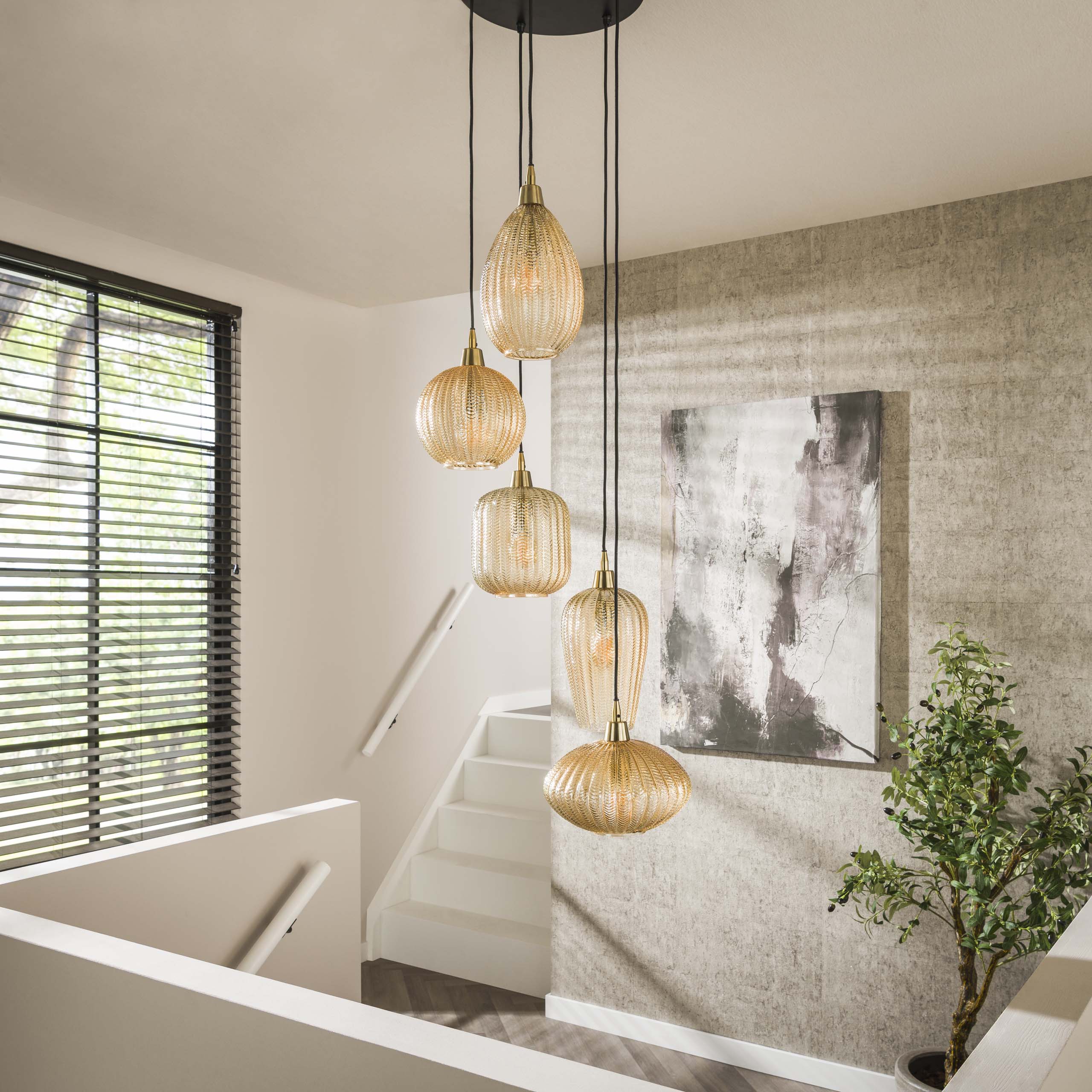 Lampada a sospensione 5L con motivo a V a gradini / Vetro color ambra