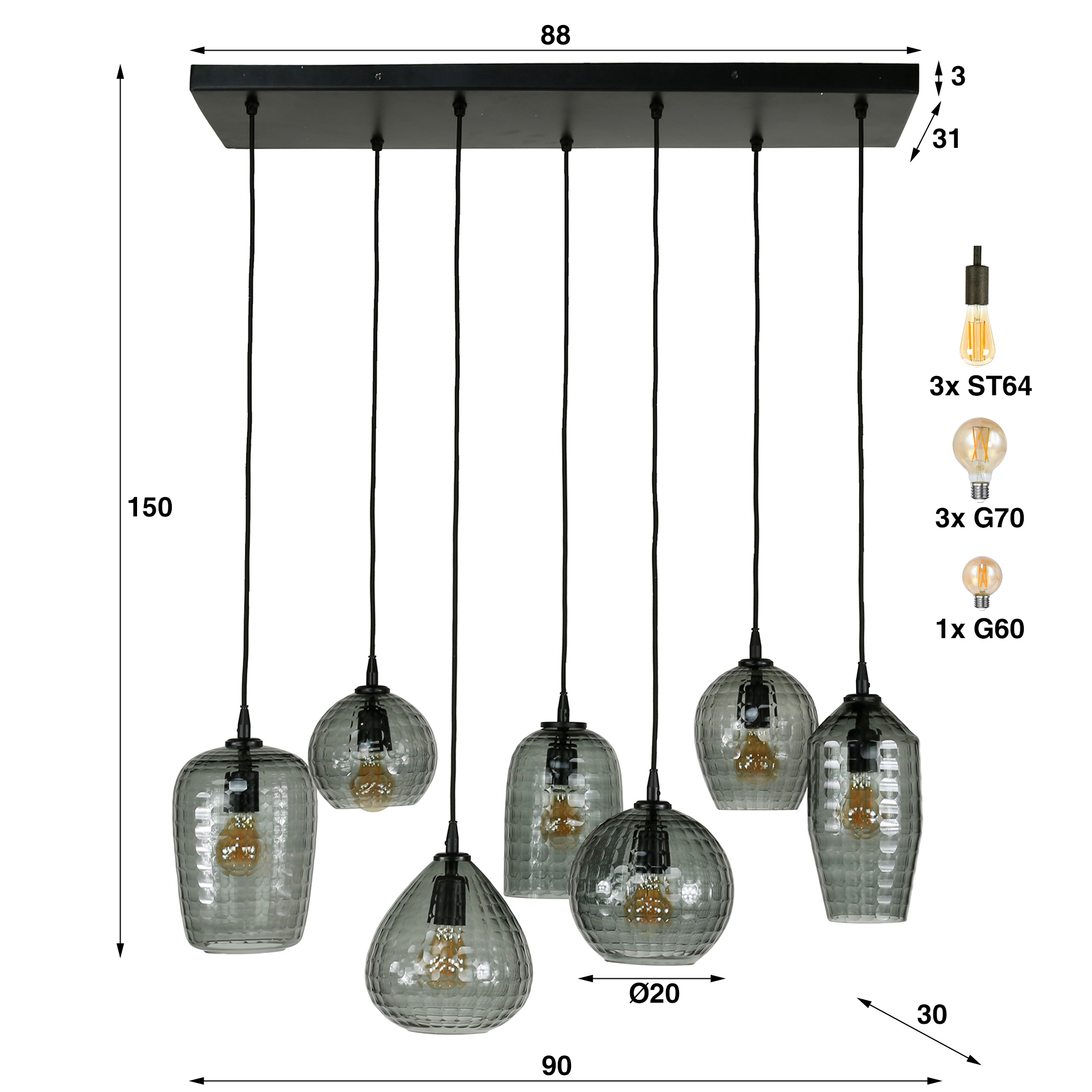 Lampada a sospensione Hexagon 4+3 luci - Vetro grigio fumè