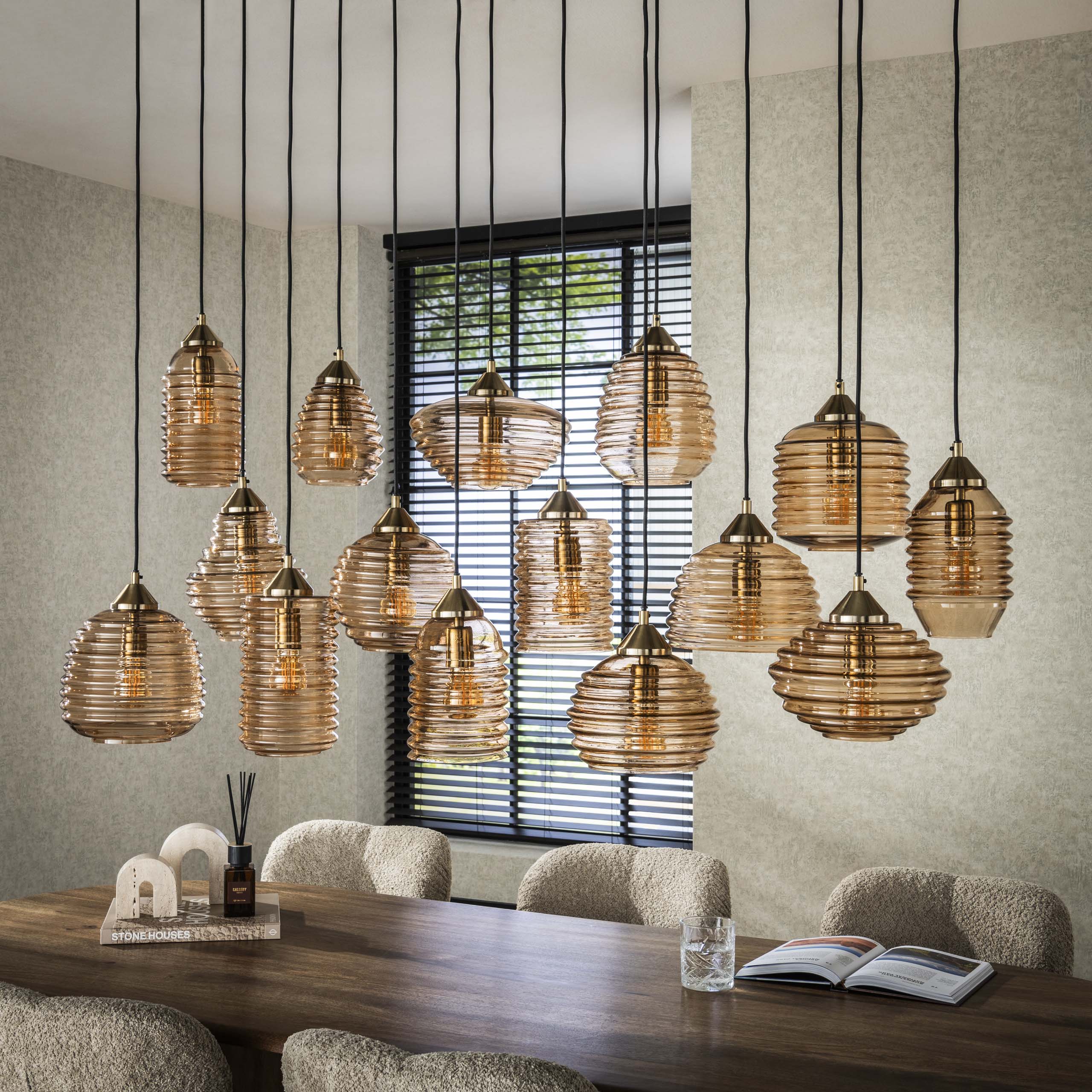 Lampada a sospensione Rib Glass 15 luci - Vetro ambrato