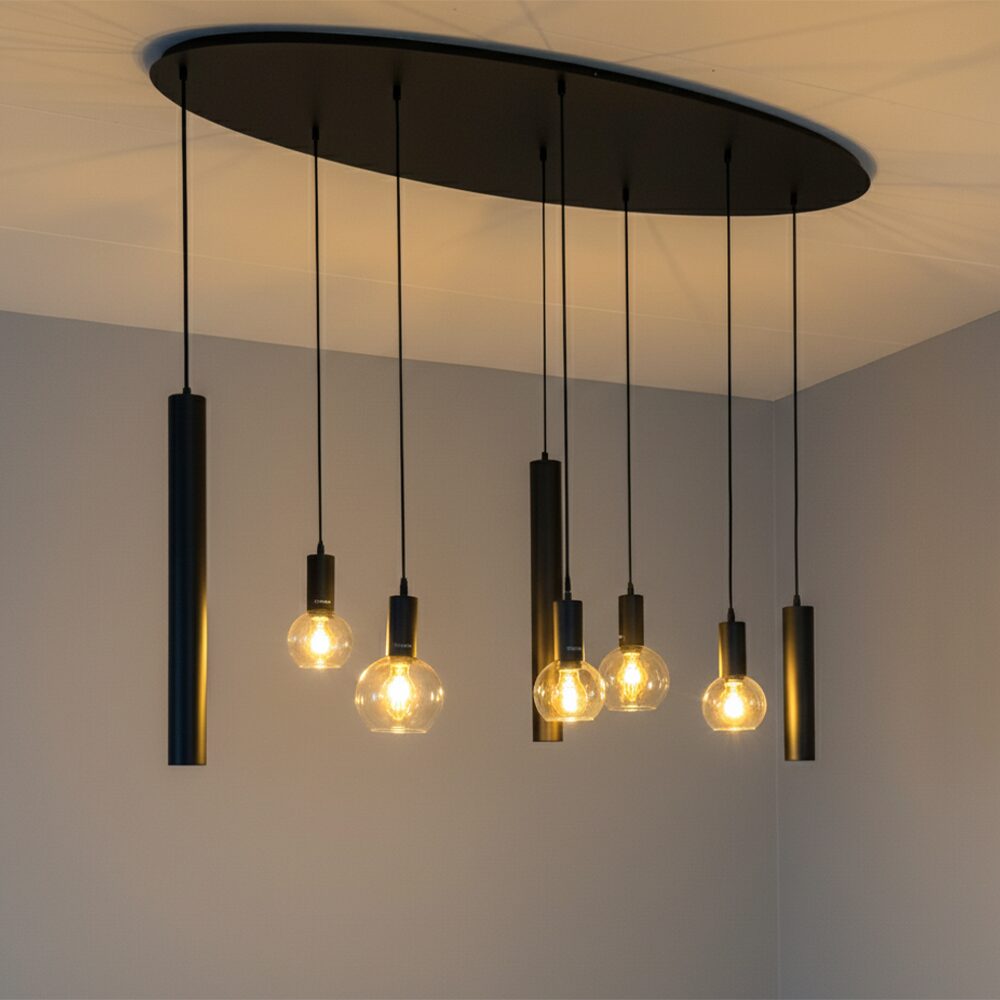 Design Hanging Lamp 8-light – Black & Amber Glass – 140 cm