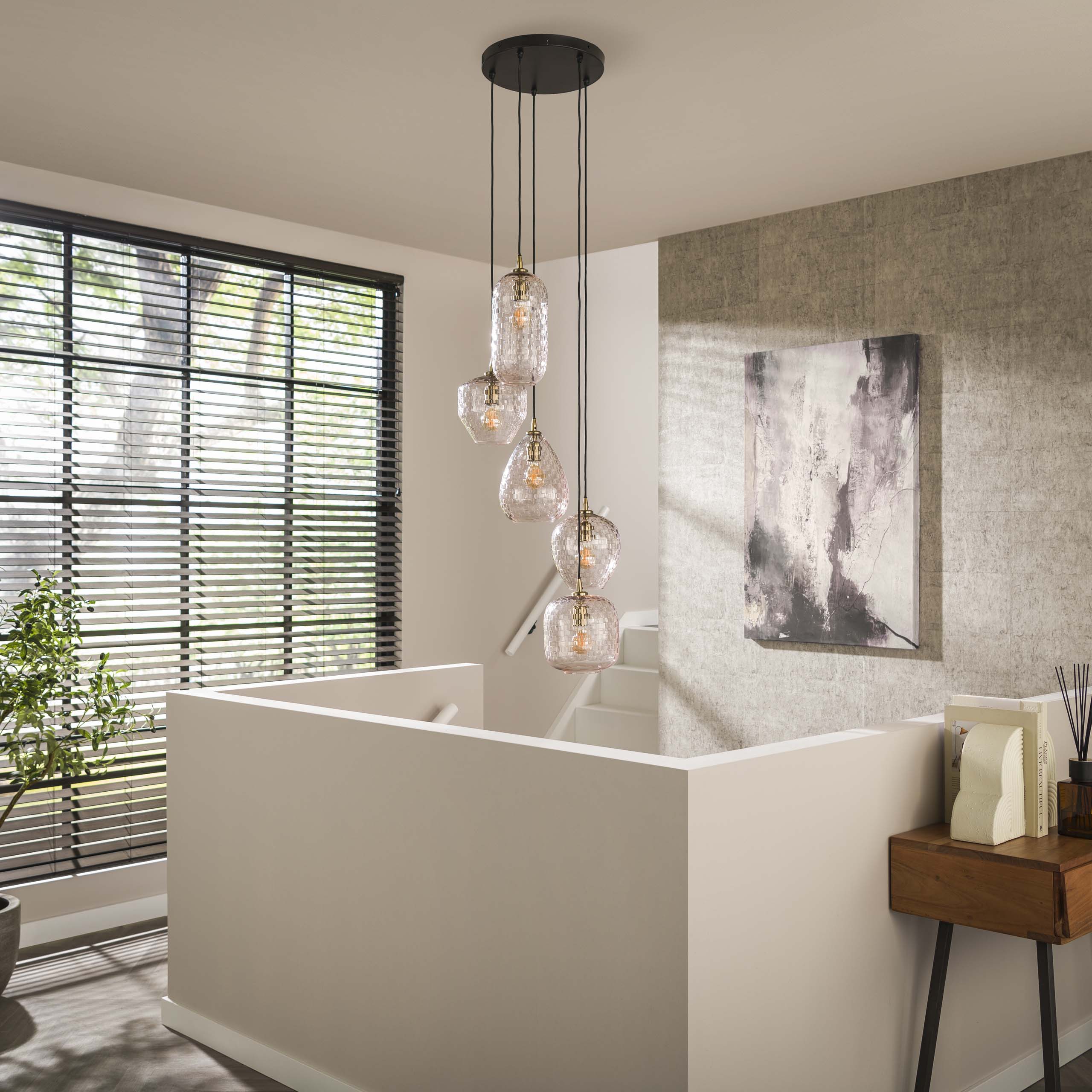 Lampada a sospensione 5L modello patch a gradini / Vetro diamante