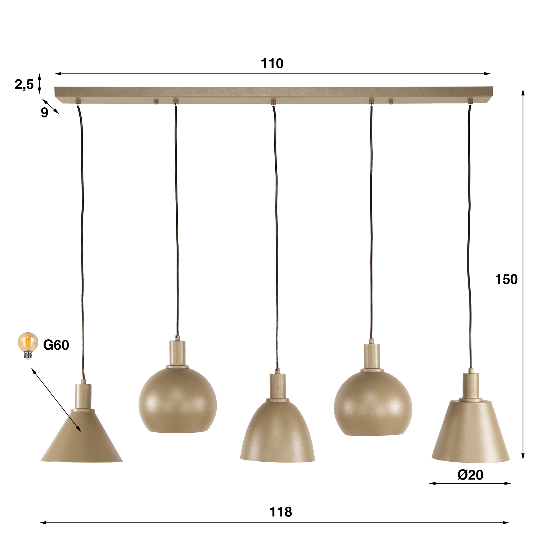 Lampada a sospensione Metallo a 5 luci - Beige