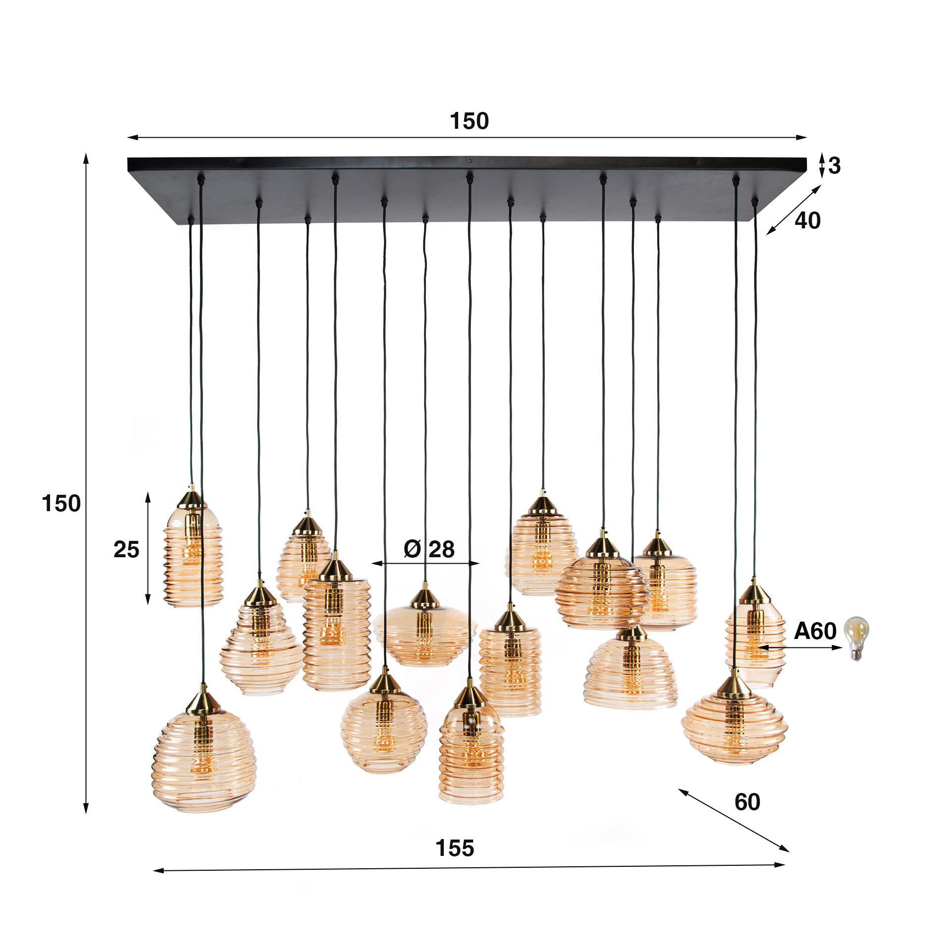 Lampada a sospensione Rib Glass 15 luci - Vetro ambrato