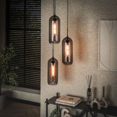 Hanging lamp 3L stepped smoke glass-perforated steel / Artic black